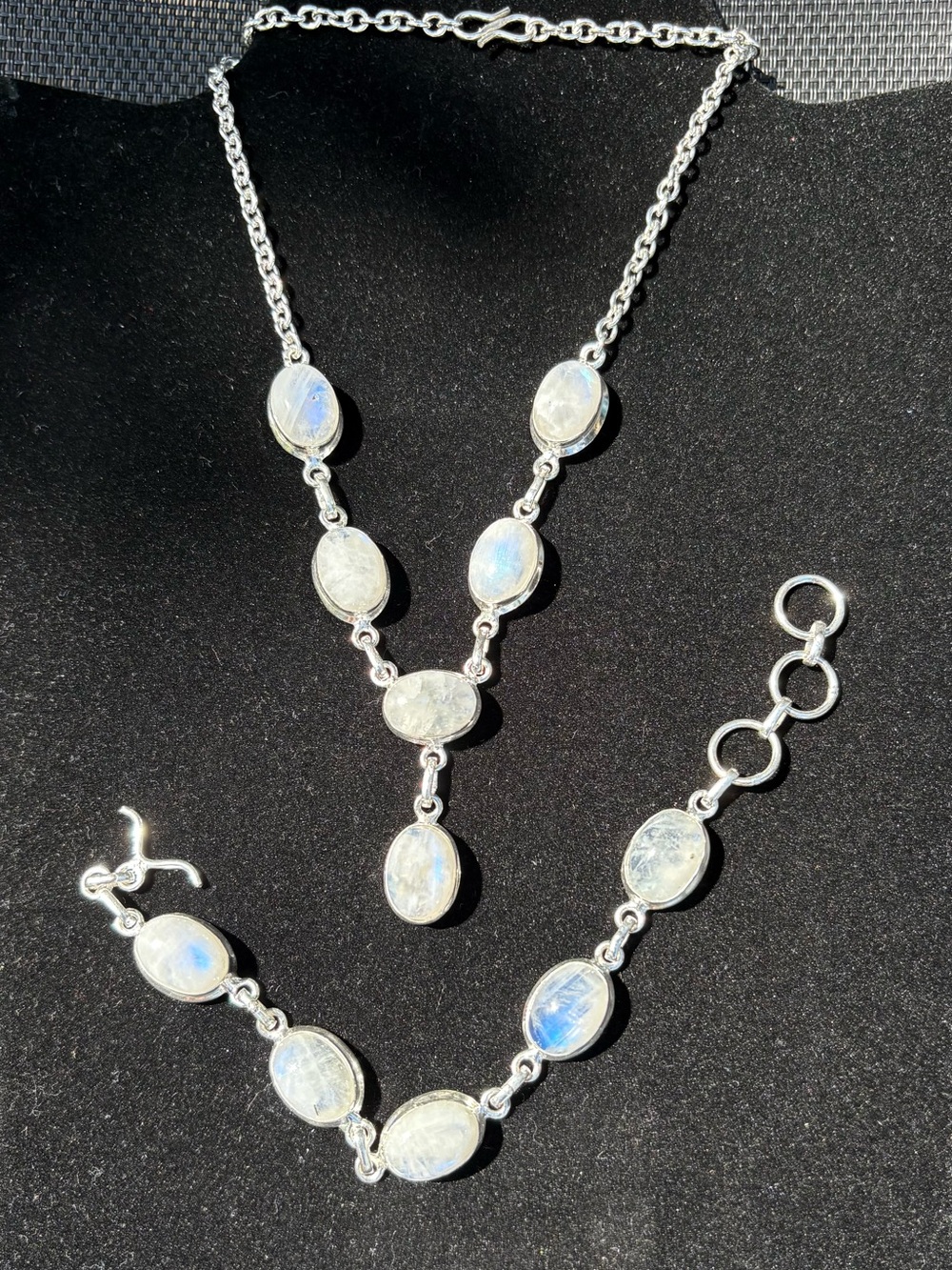 925 Sterling Silver Moonstone Necklace and Bracelet Set